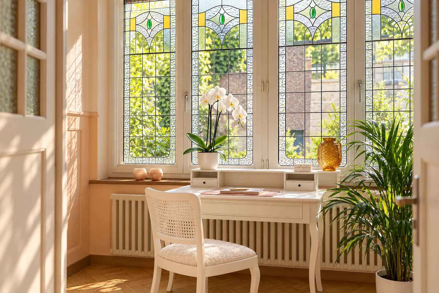 Warum Hypnose? 3 Heller Schreibtisch mit Orchidee vor Buntglasfenstern in der Hypnosepraxis in Romanshorn