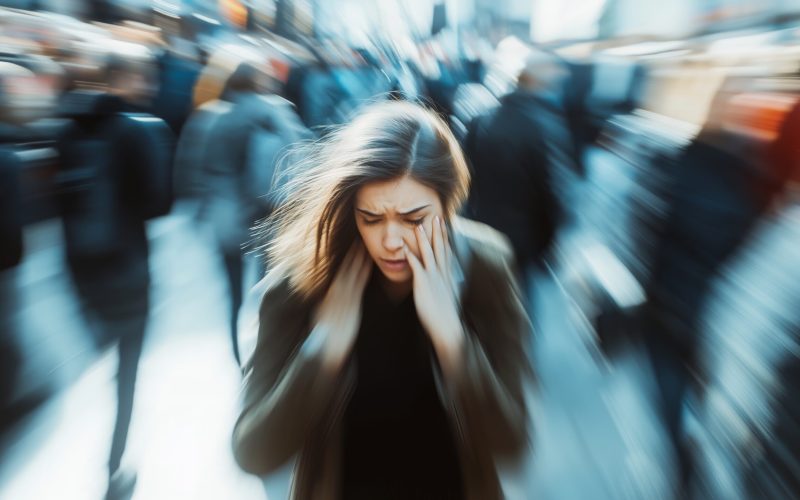 Panic attack in public place. Woman having panic disorder in city. Psychology